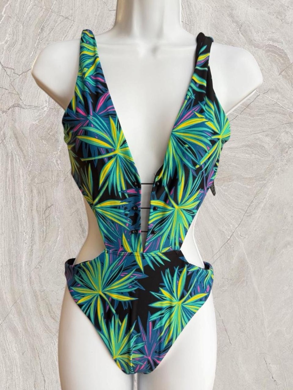 Topshop Black One-Piece Swimsuit with Green & Blue Tropical Print